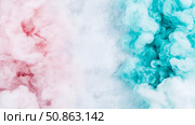 Abstract Color Clouds: A dreamy composition of pink and teal smoke dissolving into a bubbly medium, perfect for cosmetic application. Стоковое AI-изображение, AI-художник Данила Большаков / Фотобанк Лори