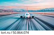 Airplane on Runway ready for takeoff at Sunset, snowy mountains in background. Стоковое AI-изображение, AI-художник Данила Большаков / Фотобанк Лори