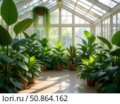A lush indoor greenhouse filled with a variety of vibrant plants, including monsteras, fiddle-leaf figs, snake plants. Стоковое AI-изображение, AI-художник Iva Noel / Фотобанк Лори
