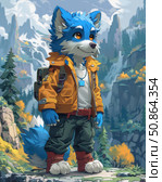 A charming anthropomorphic fantasy character depicted against a backdrop of picturesque mountain scenery. He is a blue fox with expressive amber eyes, dressed in a bright orange jacket, green pants and red boots with fur trim. He wears a backpack and a medallion around his neck, which emphasizes his image as a traveler or explorer. The illustration is made in high artistic quality and is perfect for use in projects related to animation, games, comics and fantasy worlds. Стоковое AI-изображение, AI-художник Анна Кривицкая / Фотобанк Лори