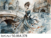 A romantic-style watercolor illustration depicting an elegant girl in an old-fashioned dress against the backdrop of bridges and Venetian-style architecture. Her dress flows like water, turning into smooth waves, creating the effect of merging with the surroundings. A subtle color scheme in blue, gray and warm shades emphasizes the atmosphere of dreaminess, sophistication and slight melancholy. Suitable for book covers, postcards, interior decor, textiles and art projects. Стоковое AI-изображение, AI-художник Анна Кривицкая / Фотобанк Лори
