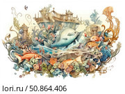 Watercolor illustration of the underwater world with many colorful fish, corals, sea plants and sunken ruins. The composition resembles a fairytale scene, where nature intertwines with architectural elements, creating the feeling of an ancient underwater city. Rich details, harmony of colors and a fantastic atmosphere make the image ideal for book design, wallpaper, packaging or decorative poster. Стоковое AI-изображение, AI-художник Анна Кривицкая / Фотобанк Лори