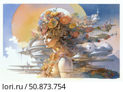 A fantasy illustration in the style of surrealism: a female portrait combining natural elements and futuristic architecture. The woman with a wreath of bright flowers on her head seems to merge with the city of the future, floating in the sky. Her hair turns into clouds and flowering crowns that intertwine with flying platforms and domes. Soft pastel colors give the work airiness and lightness. Ideal for decorating themes related to the future, dreams, eco-fiction and digital art. Стоковое AI-изображение, AI-художник Анна Кривицкая / Фотобанк Лори