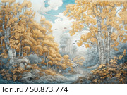 Watercolor landscape depicting an autumn forest with golden and bluish hues. Birches with yellow leaves, a rocky shore and a calm river create an atmosphere of coziness and silence. Birds soar in the sky, emphasizing the spaciousness and harmony of nature. Ideal for postcards, wall posters, book covers, nature calendars and meditative illustrations. Стоковое AI-изображение, AI-художник Анна Кривицкая / Фотобанк Лори