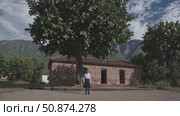 Schoolgirl standing before rural school building, large tree casting shade, mountain landscape creating serene educational environment. Стоковое AI-видео, аниматор Данил Руденко / Фотобанк Лори