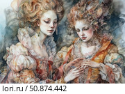 Watercolor illustration of two aristocratic ladies in the Baroque or Rococo style. The women are dressed in lush dresses with lace and ribbons, their hair is high and carefully styled, decorated with feathers and flowers. The image is filled with refined grace and slight melancholy. One of the women holds the hands of the other, as if reading the palm. The illustration is reminiscent of scenes from historical novels, costume dramas and fantasy. Стоковое AI-изображение, AI-художник Анна Кривицкая / Фотобанк Лори