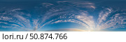 Sunset sky with bright glowing pink Cirrus clouds. Seamless spherical HDR 360 panorama. Full zenith or sky dome in 3D, sky replacement for aerial drone panoramas. Climate and weather change. Стоковое фото, фотограф svetograph / Фотобанк Лори