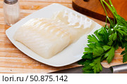 Piece of raw rockling fillet with fresh parsley. Стоковое фото, фотограф Яков Филимонов / Фотобанк Лори