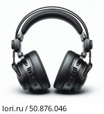On a white background, there are full-size black headphones with a padded headband and large cups that perfectly cover the ears, providing comfortable listening to music and sound. Стоковое AI-изображение, AI-художник Светлана  Громак / Фотобанк Лори