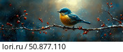 Winter Song: A Bluebird's Perch on Berry Branch, Artistic Illustration for Holiday Card or Winter Theme. Стоковое AI-изображение, AI-художник Данила Большаков / Фотобанк Лори