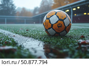 Photo of a soccer ball on wet artificial turf during rain. A close-up from a low angle highlights the texture of the grass and the water droplets on the ball. The frame includes the stadium, autumn trees and subdued light in the distance, creating an atmosphere of coolness, anticipation and preparation for the game. Ideal for themes about sports, training, football in any weather and outdoor activities. Стоковое AI-изображение, AI-художник Анна Кривицкая / Фотобанк Лори