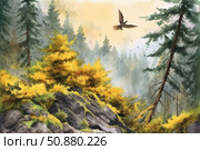 Watercolor landscape with a coniferous forest in autumn tones. In the foreground are rocks covered with golden foliage, in the background are pines, cedars and a light haze. A bird soars in the sky, enhancing the feeling of freedom and peace. Soft colors and smooth transitions create an atmosphere of solitude, nature and the breath of autumn. The painting is ideal for interior design, book covers, nature themes and inspiring posters. Стоковое AI-изображение, AI-художник Анна Кривицкая / Фотобанк Лори