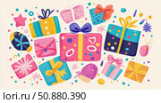 Holiday Gift Extravaganza: A joyful colorful collection of present boxes for celebratory occasions. Стоковое AI-изображение, AI-художник Данила Большаков / Фотобанк Лори