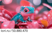 Fantasy Pet: A teal & pink Spiky Lizard Resting on Pink Petals, Dreamlike Creature for Children's Books. Стоковое AI-изображение, AI-художник Данила Большаков / Фотобанк Лори