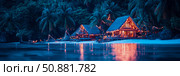 Tropical Getaway: Nighttime Beachfront Cottages with Twinkling Lights Reflecting on the Water. Стоковое AI-изображение, AI-художник Данила Большаков / Фотобанк Лори