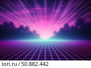 Retro futuristic synthwave grid landscape with palm trees and pink and purple lights. Стоковое AI-изображение, AI-художник Иван Рябоконь / Фотобанк Лори
