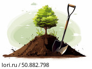 Shovel stuck in dirt mound with growing tree and green background symbolizing reforestation. Стоковое AI-изображение, AI-художник Иван Рябоконь / Фотобанк Лори