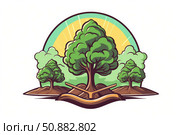 Lush green trees growing on fertile land at sunrise, promoting reforestation and environmental conservation. Стоковое AI-изображение, AI-художник Иван Рябоконь / Фотобанк Лори