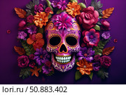 Calavera catrina skull surrounded by colorful flowers celebrating dia de los muertos. Стоковое AI-изображение, AI-художник Иван Рябоконь / Фотобанк Лори