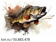 Largemouth bass fish jumping out of muddy water. Стоковое AI-изображение, AI-художник Иван Рябоконь / Фотобанк Лори