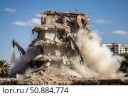 Demolition excavators destroying building, creating huge cloud of dust. Стоковое AI-изображение, AI-художник Иван Рябоконь / Фотобанк Лори