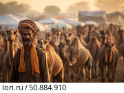 Camel herder standing in front of his herd at pushkar fair during sunset. Стоковое AI-изображение, AI-художник Иван Рябоконь / Фотобанк Лори