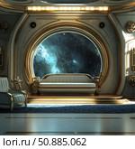 Luxurious interior of a spaceship or futuristic station with a view of the starry sky through a huge round window. A modern combination of technology and classic style - gold, leather, marble and sophisticated decor. The atmosphere of an elite space travel, where luxury meets the vastness of space. Ideal for themes about the future, science, interior design and science fiction. Стоковое AI-изображение, AI-художник Анна Кривицкая / Фотобанк Лори