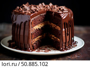 Delicious chocolate fudge cake dripping with ganache and chocolate shavings. Стоковое AI-изображение, AI-художник Иван Рябоконь / Фотобанк Лори