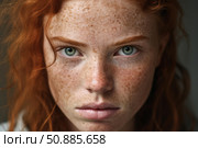 Portrait of confident young woman showing her freckles and red hair. Стоковое AI-изображение, AI-художник Иван Рябоконь / Фотобанк Лори