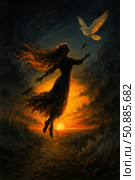 An atmospheric fantasy painting of a woman silhouetted against a blazing sunset, her hair blowing in the wind. A white dove rises above her, radiating light, and releases a feather. The ground beneath her feet is dark, as if scorched, and a broken rope reaches towards her feet. Strong symbolism of liberation, spiritual upliftment, hope, the choice between light and darkness. Suitable for themes of inner transformation, magical realism, loss and hope, book illustrations and album covers. Стоковое AI-изображение, AI-художник Анна Кривицкая / Фотобанк Лори
