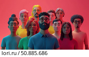 A modern 3D illustration of a group of diverse people looking forward with a confident expression. The style is cartoonish, with bright colors and soft shadows. The image conveys the idea of inclusivity, diversity and unity. Great for corporate culture, team, technology, HR, startups and visual solutions in the field of business and education. Стоковое AI-изображение, AI-художник Анна Кривицкая / Фотобанк Лори