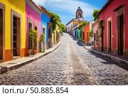 Colorful colonial houses lining cobblestone street in guanajuato, mexico. Стоковое AI-изображение, AI-художник Иван Рябоконь / Фотобанк Лори