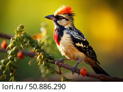 Crested barbet perched on branch with berries in natural habitat. Стоковое AI-изображение, AI-художник Иван Рябоконь / Фотобанк Лори