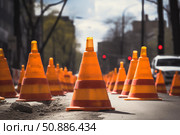 Orange traffic cones signifying road closure and diversion. Стоковое AI-изображение, AI-художник Иван Рябоконь / Фотобанк Лори
