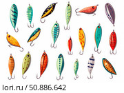 Colorful fishing lures isolated on white background, a comprehensive collection for anglers. Стоковое AI-изображение, AI-художник Иван Рябоконь / Фотобанк Лори