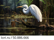 Great egret perched on branch in swampy habitat. Стоковое AI-изображение, AI-художник Иван Рябоконь / Фотобанк Лори