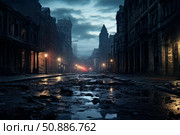 Deserted city street reflecting orange street lights at dusk. Стоковое AI-изображение, AI-художник Иван Рябоконь / Фотобанк Лори