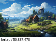 Idyllic medieval village nestled in a picturesque valley with imposing castle on a sunny day. Стоковое AI-изображение, AI-художник Иван Рябоконь / Фотобанк Лори