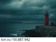 Red lighthouse guiding ships through stormy seas at dusk. Стоковое AI-изображение, AI-художник Иван Рябоконь / Фотобанк Лори