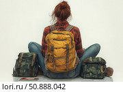 A back view of a girl sitting on the floor with a backpack and hiking gear. She is wearing a plaid shirt and jeans, her hair is pulled back into a messy bun. Next to her are two additional backpacks and a tablet. The white background emphasizes the figure and makes the image universal for use in projects related to travel, freedom, choosing a path and self-development. Perfect for tourism, education, career path and advertising outdoor accessories. Стоковое AI-изображение, AI-художник Анна Кривицкая / Фотобанк Лори