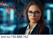 Businesswoman analyzing financial data on digital display, stock market trading and investment strategies. Стоковое AI-изображение, AI-художник Иван Рябоконь / Фотобанк Лори