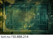 Empty abandoned soccer field with worn green turf and white lines. Стоковое AI-изображение, AI-художник Иван Рябоконь / Фотобанк Лори