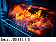 Fire burning inside modern convection oven, kitchen hazard and safety risks. Стоковое AI-изображение, AI-художник Иван Рябоконь / Фотобанк Лори