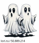 Two cute cartoon ghosts standing and looking scared. Стоковое AI-изображение, AI-художник Иван Рябоконь / Фотобанк Лори