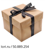 Elegant gift box wrapped with black ribbon on white background. Стоковое AI-изображение, AI-художник Иван Рябоконь / Фотобанк Лори