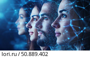 Conceptual image of a group of people looking forward, with a digital grid and neural connections superimposed. The visualization symbolizes future technologies, artificial intelligence, digital evolution, and human-machine interaction. Suitable for projects related to AI, big data, cybersecurity, neural networks, and innovation. Стоковое AI-изображение, AI-художник Анна Кривицкая / Фотобанк Лори