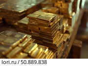 Gold bars stacked high representing wealth and investment. Стоковое AI-изображение, AI-художник Иван Рябоконь / Фотобанк Лори