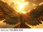 Majestic phoenix rising from ashes in golden sunset. Стоковое AI-изображение, AI-художник Иван Рябоконь / Фотобанк Лори