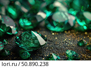 Sparkling emerald gemstones glimmering on dark textured surface. Стоковое AI-изображение, AI-художник Иван Рябоконь / Фотобанк Лори