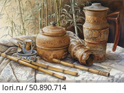 Watercolor illustration of an oriental still life with traditional carved tableware, bamboo tubes and porcelain bowls against a background of bamboo stems. Richly decorated vessels with ornaments convey the atmosphere of Asian culture, sophistication and centuries-old crafts. Ideal for interior design, thematic publications, postcards, tea packaging and decorative items. Стоковое AI-изображение, AI-художник Анна Кривицкая / Фотобанк Лори